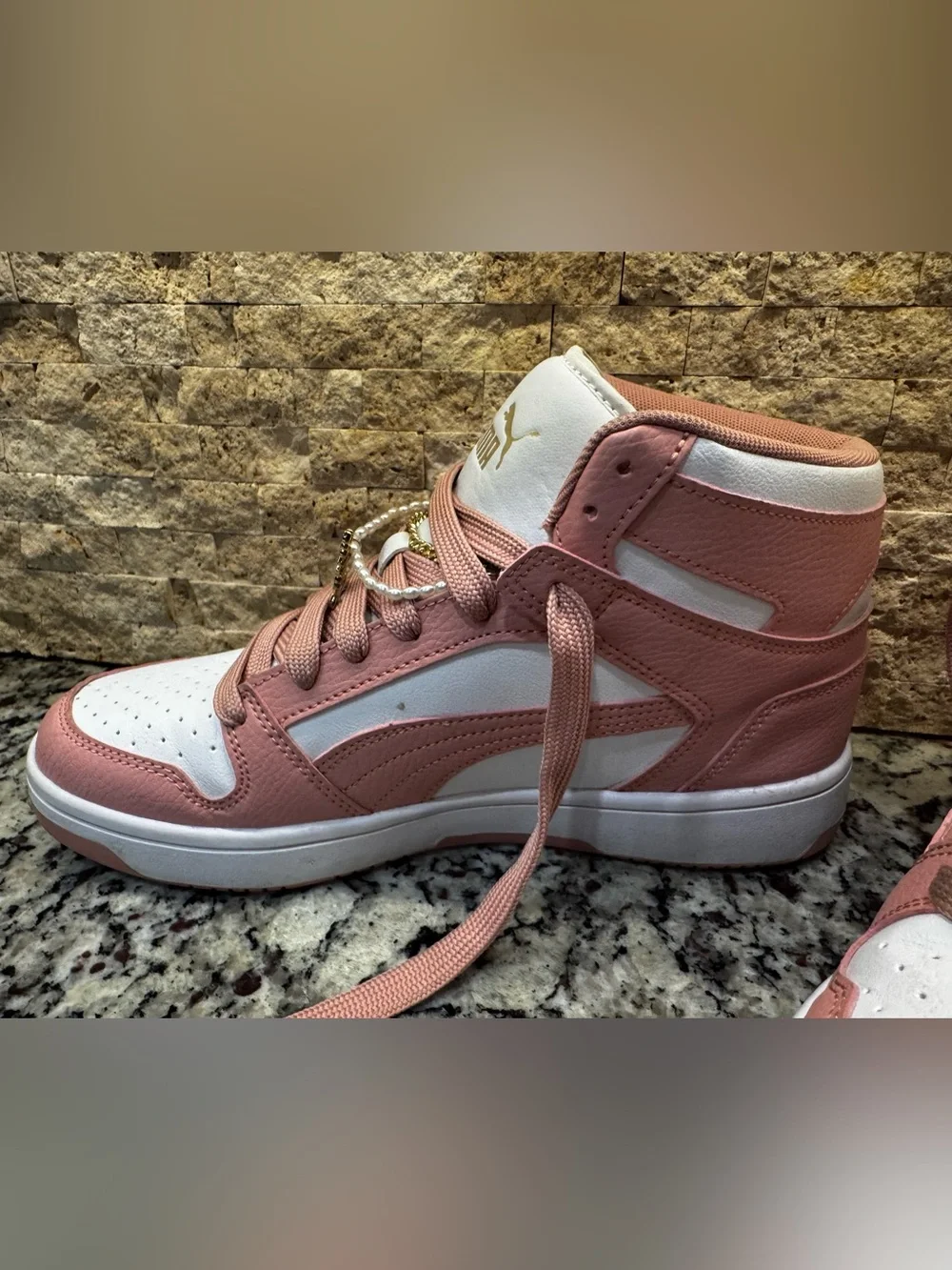PUMA women’s size 9 Pink and White High-Top Sneakers with bling